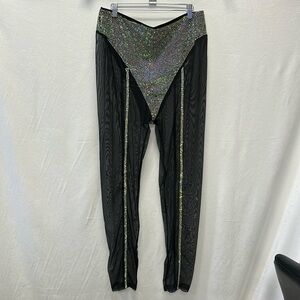 Sheer black mesh leggings with rhinestone accents